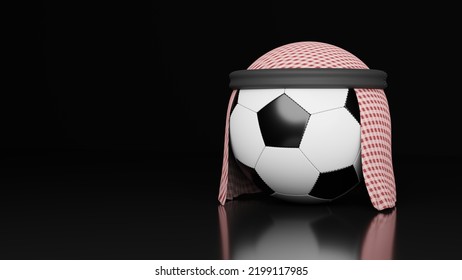 3d Rendering Of Soccer Ball With Plaid Arabic Hat, With Black Background And Empty Space For Text.