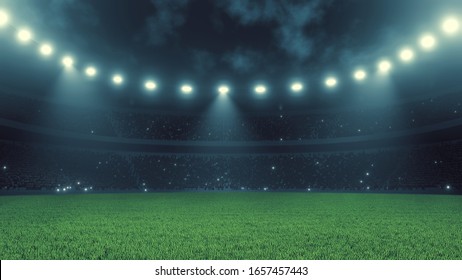 3D Rendering Of Soccer Sport Stadium, Green Grass During Night Match With Crowd Of Audience And Bright Led Spot Lights And Camera Flashes