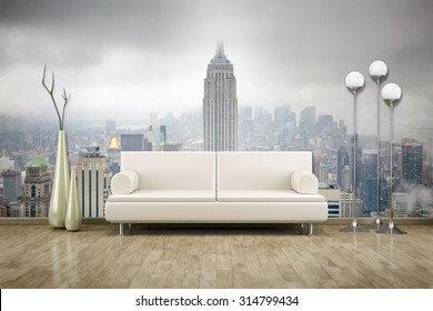 3D Rendering Of A Sofa In Front Of A Photo Wall Mural 