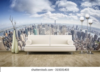 3D rendering of a sofa in front of a photo wall mural 