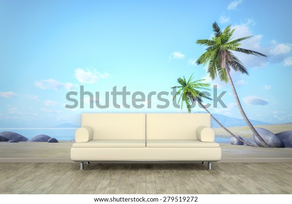 3d rendering of a sofa in front of a living room home mural with a palm beach.