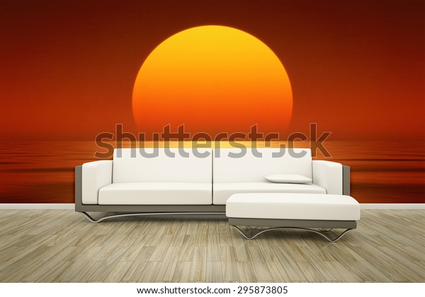 3D rendering of a sofa in front of a photo wall mural ocean sunset