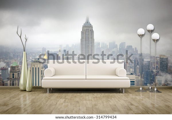 3d city landscape mural rendering behind a sofa in the living room