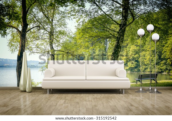 3D rendering of a sofa in front of a photo wall mural 