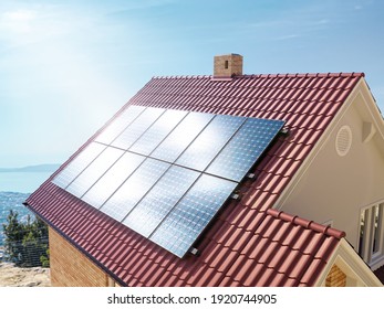 3D Rendering Of Solar Panels Mounted On Family House Roof 