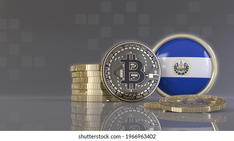 3d rendering of some metallic Bitcoins in front of an badge with the Salvadoran flag