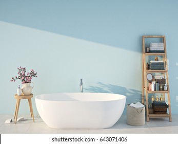 3d Rendering. Spa Bathroom With Blue Wall