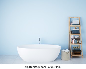 3d Rendering. Spa Bathroom With Blue Wall