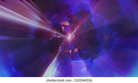 3D rendering of space flight to another dimension through a wormhole in time and space. A bright, high-energy and high-tech tunnel. The motion of the plasma into particle accelerators