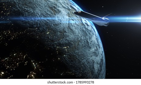 3D rendering- Space Shuttle flying close to planet earth
Realitic Cinematic vision of Space Shuttle Orbiting earth- Outer space view
