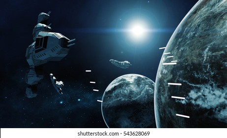 3D Rendering Of Spaceship In Battle A Cosmic Scene