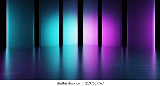 3d rendering of spaceship corridor blue purple background neon glowing. Cyberpunk concept. Scene for advertising, showroom, technology, future, modern, interior, tunnel. Sci-Fi futuristic Illustration