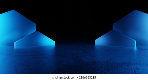 3d Rendering Of Spaceship Corridor Blue Background Neon Glowing. Cyberpunk Concept. Scene For Advertising, Showroom, Technology, Future, Modern, Interior, Tunnel. Sci-Fi Futuristic Illustration