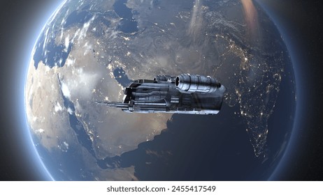 3D rendering of a spaceship and the Earth