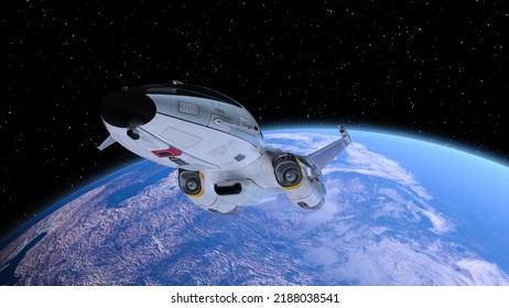 3D rendering of a spaceship and the earth. Elements of this Image Furnished By NASA.
