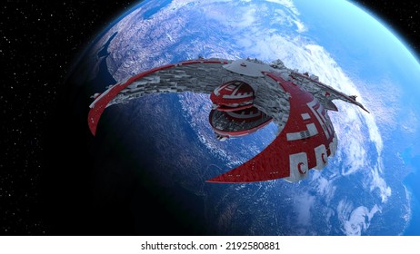 3D rendering of a spaceship and the earth. Elements of this Image Furnished By NASA.