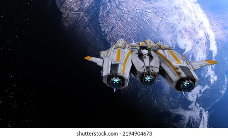 3D rendering of a spaceship and the earth. Elements of this Image Furnished By NASA.
