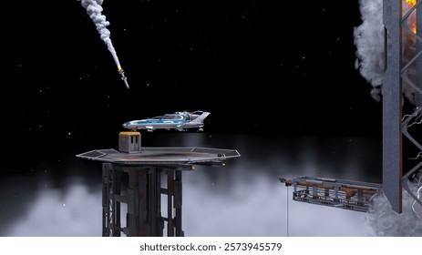 3D rendering of the spaceship hangar under attack