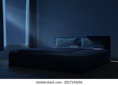 3d Rendering Of Spacious Bedroom With Cozy Box-spring Bed At Night