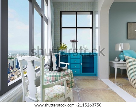 3D rendering, spacious and bright urban residential enclosed balcony design, green plants and household appliances look casual and comfortable