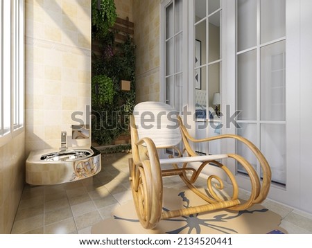 3D rendering, spacious and bright urban residential enclosed balcony design, green plants and household appliances look casual and comfortable