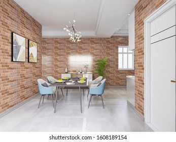 3D rendering, the spacious dining room beside the modern kitchen, with red brick walls and green plants, is particularly beautiful.