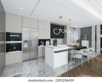 3D rendering, spacious dining room design next to the modern kitchen, with a beautiful dining table and greenery