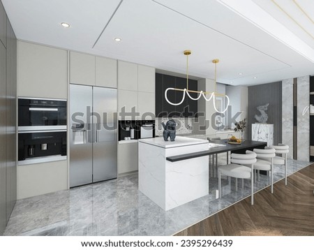 3D rendering, spacious dining room design next to the modern kitchen, with a beautiful dining table and greenery