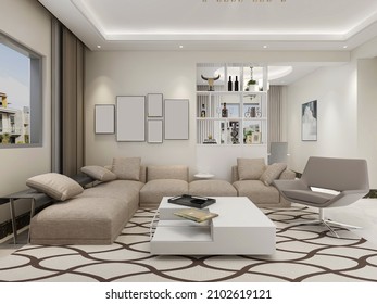3D rendering, spacious living room design of modern residence, with sofa, tea table, decorative painting, etc - Shutterstock ID 2102619121