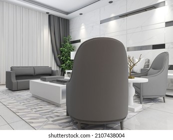 3D rendering, spacious living room design of modern residence, with sofa, tea table, decorative painting, etc