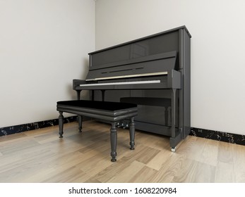 3D rendering, spacious modern residential study design, with laptop, desk, bookshelf and piano.