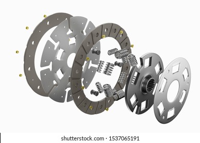 3d Rendering. Spare Parts For Car And Truck Clutch Disk. Auto Parts For Transmission. Separate Image Of All In Clutch Disk Objects.