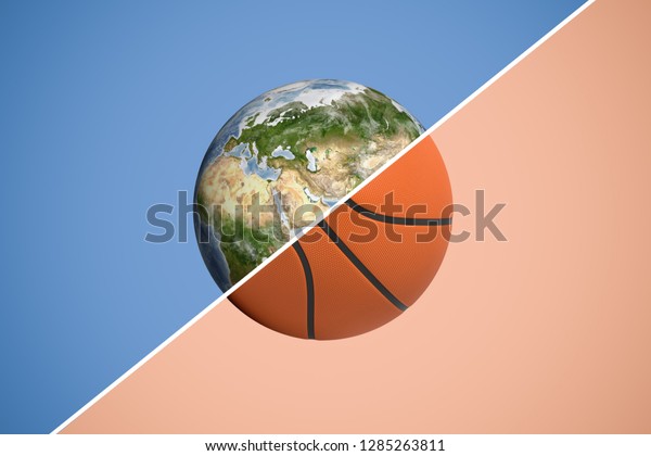 3d rendering\
of a sphere divided in two with a diagonal line into planet Earth\
and a basketball. International sports unite world. Sport takes\
over globe. Active\
lifestyles.