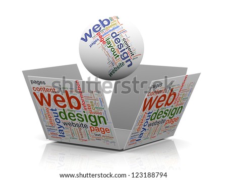 3d rendering of sphere and open cube wordcloud word tags representing concept of web design
