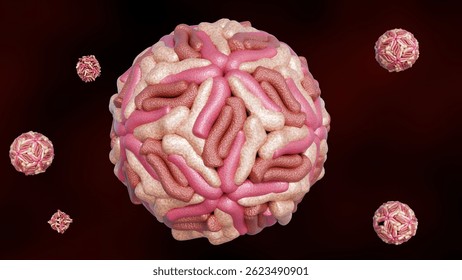 A 3D rendering of spherical dengue virus particles, with intricate surface with numerous convoluted ridges. A mature form of virus.