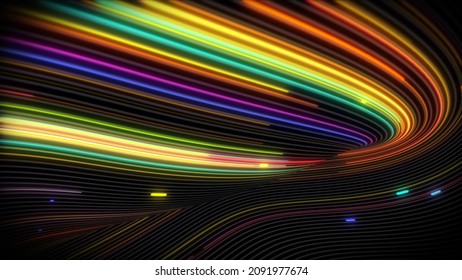 3D rendering spiral bright vortex flows of light on a surface with lines. Colorful decorative backgrounds for presentations, holidays, filming. Cover design template, business flyer layout, wallpaper