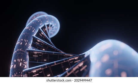 3D Rendering Of Spiral DNA With Imprinted Abstract Technology Circuit Board. Concept For Genetic Modification, Biology, Robotic Organism, Science Background