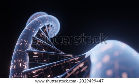 3D Rendering of spiral DNA with imprinted abstract technology circuit board. Concept for genetic modification, biology, robotic organism, science background