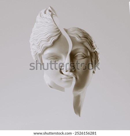 3D rendering split female sculpture face, concept of duality, division, and fragmentation. Psychology, inner conflict concept.