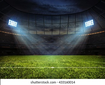 3d Rendering Of Sport Concept Background - Soccer Football Stadium With Floodlights. Grass Football Pitch With Mark Up And Soccer Goal With Net