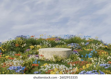 3d rendering spring stage and natural mockup background, Stone podium in the various colorful flowers field are blooming for product stand display, advertising, cosmetic skincare or etc