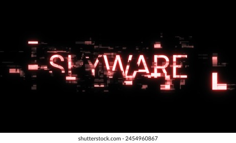 3D rendering spyware text with screen effects of technological failures. Spectacular screen glitch with various kinds of interference