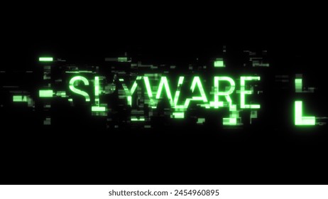 3D rendering spyware text with screen effects of technological failures. Spectacular screen glitch with various kinds of interference