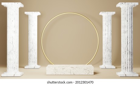 3D Rendering Of Square Marble Plinth And Greek Columns Background. Mockup For Show Product.