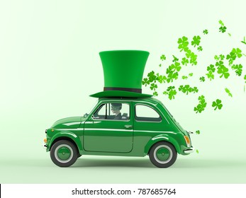 3d Rendering. St. Patricks Day Car Driving With Flying Shamrocks.