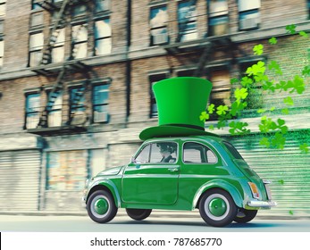 3d Rendering. St. Patricks Day Car Driving With Flying Shamrocks.