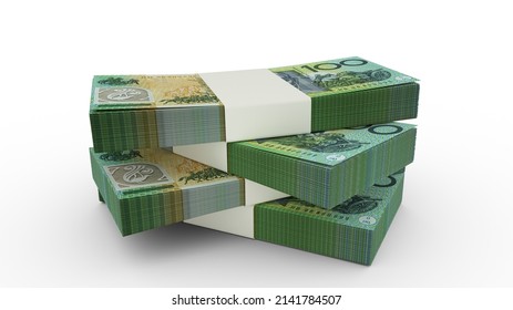 3d rendering of Stack of 100 Australian dollar notes. Few bundles of Australian currency isolated on white background