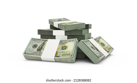 3d rendering of Stack of 100 US dollar notes. bundles of United States currency notes isolated on white background