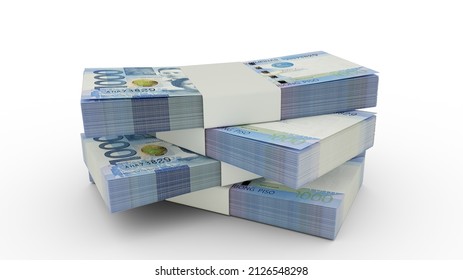 3d rendering of Stack of 1000 Philippines peso notes. Few bundles of Philippines currency isolated on white background