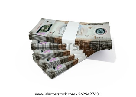 3d rendering of Stack of 1000 United Arab Emirates dirham notes. Few bundles of UAE currency isolated on white background	